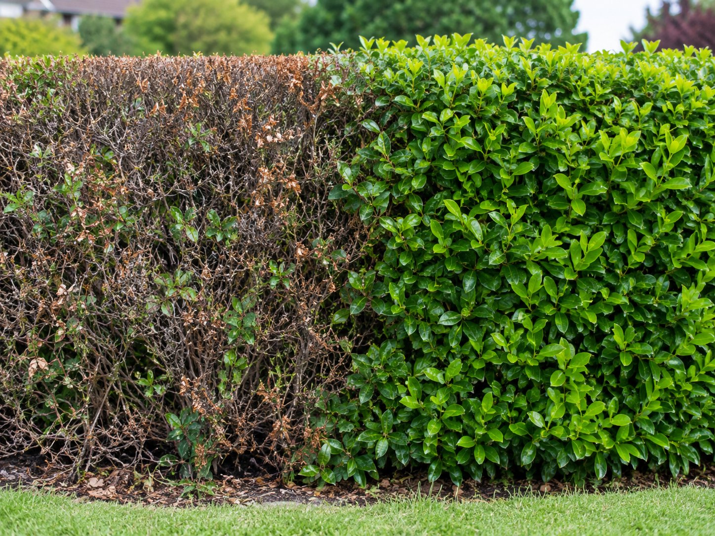 Garden hedge with dieback and bare patches on one side