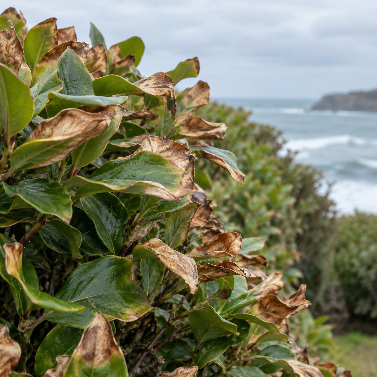 Close-up of coastal hedge foliage showing salt-wind scorch on the seaward side